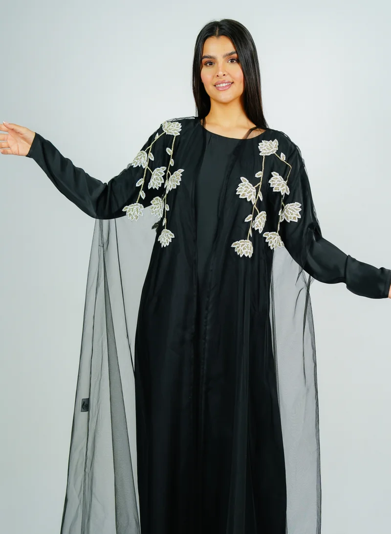 Rosette Abaya  luxurious tulip-embroidered bisht-style tulle abaya set with matching inner dress, perfect for Ramadan and special occasions for Women | Best Price UAE
